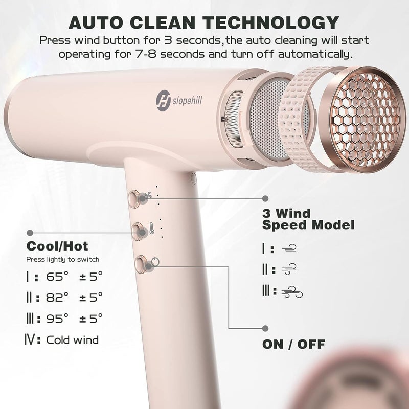 SLOPEHILL Professional Ionic Hair Dryer, High-Speed Blow Dryer with Brushless Motor for Salon Use, Lightweight Compact Hairdryer for Travel, Low Noise Quiet for Home, Ceramic Pink - Image 3
